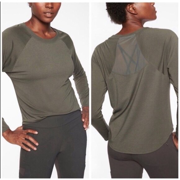 Athleta Tops - Athleta Olive Green Topanga Mesh Back Long Sleeve Women’s XS EUC